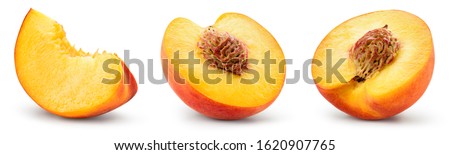 Peach slice isolated. Peach set. Peaches on white background. Collection. With clipping path.
