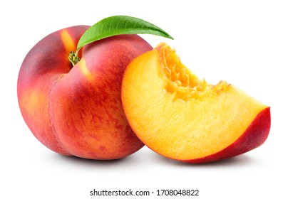 Peach with slice on white background. Peach isolate. Full depth of field. With clipping path.