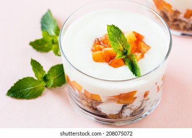 Peach Trifle With Crunchy Toasted Oats And Dried Fruit