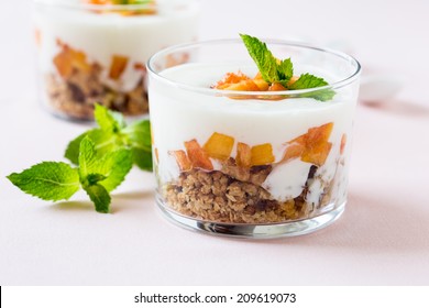 Peach Trifle With Crunchy Toasted Oats And Dried Fruit