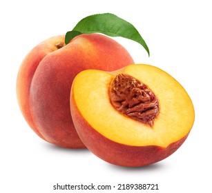 Peaches isolated. Ripe peach and half of a peach on a white background. Fresh fruits.