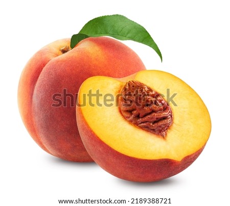 Peaches isolated. Ripe peach and half of a peach on a white background. Fresh fruits.