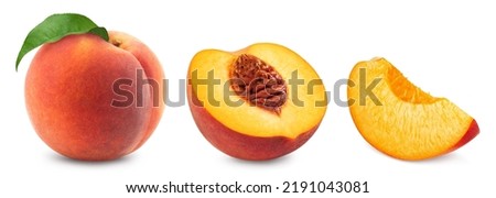 Peaches isolated. Set of peach, peach halves and peach wedges.