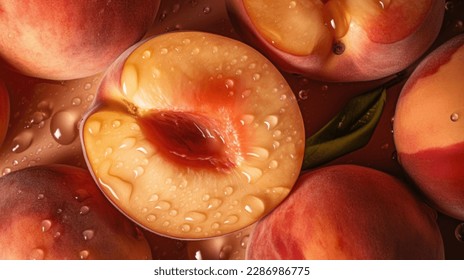 Peaches with leaves in a wooden box with peach in halves on top. Flat lay composition with ripe juicy peaches. Harvest of peaches for food or juice. Top view fresh organic fruit, vegan food.