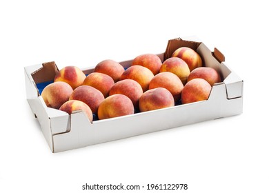 Peaches in White Cardboard Box – Common Yellow Peaches Arranged, Ordered in Fruit Market Carton Box – Detailed Close-Up Macro, Isolated on White Background 