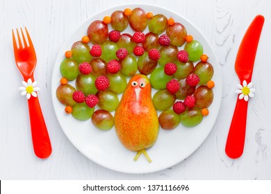 Peacock Fruit Berry Plate, Colorful Peacock Fruit Salad From Pear, Grapes And Raspberries, Fun Food Idea For Kids Party