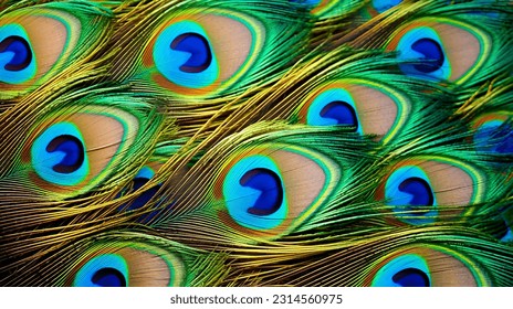 Peacock macro feathers. Blue green glowing surface nature texture exotic bird vibrant color. Beautiful decorative iridescent background close up photo - Powered by Shutterstock