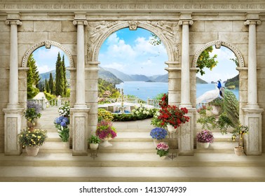 Peacocks on the terrace with a fountain overlooking the sea - Shutterstock ID 1413074939