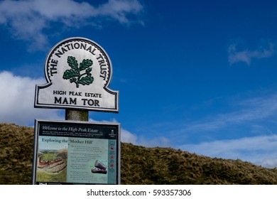 Peak District, UK - 4 March 2017: A National Trust Sign At The Entrance Of Hiking Path To Visit Mam Tor