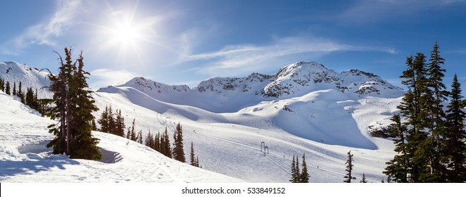 The peak of Whistler Mountain on a sunny day. 