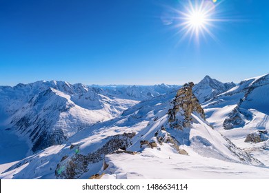 Peaks of Hintertux Glacier ski resort in Tyrol in Mayrhofen in Zillertal valley of Austria in winter Alps. Nature in Hintertuxer Gletscher in Alpine mountains with white snow. Sun shining. - Powered by Shutterstock