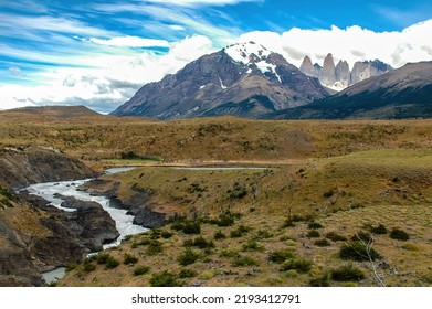 The peaks of Paine Grande, Cuernos and Torres del Paine with the turquoise glacier waters of the serrano river near Puerto Natales, Patagonia, Chile. - Shutterstock ID 2193412791