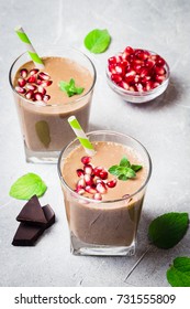 Peanut Butter Chocolate Pomegranate Smoothie. Selective Focus, Space For Text.