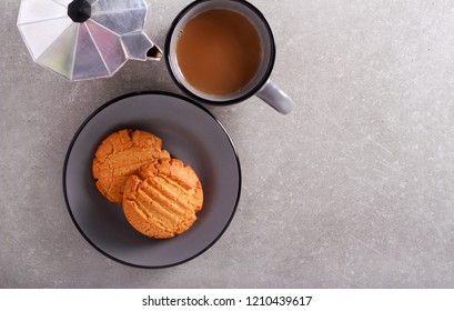 Peanut Butter Cookies And Cup Of Coffee