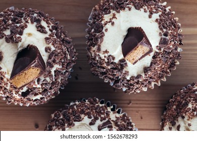 Peanut Butter Cup Cakes, Shot Top Down On Wooden Table