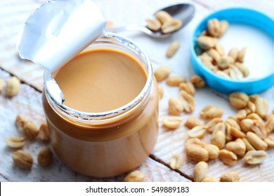peanut butter in a glass jar.