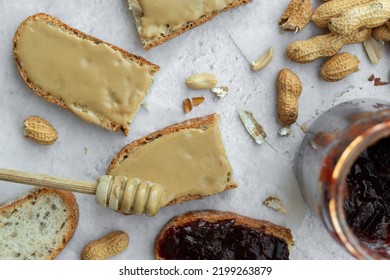 Peanut Butter Jam Sandwich Flat Lay On Table