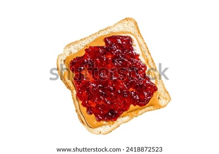 Peanut butter and jelly on white bread toasts. Isolated on white background. Top view