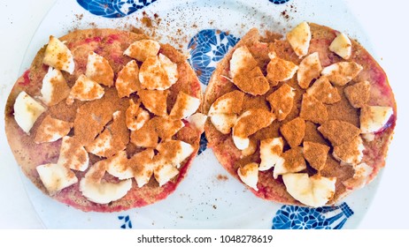 Peanut Butter Jelly Sandwich On Plate With Round Bread PBJ Banana Cinnamon