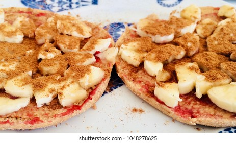 Peanut Butter Jelly Sandwich On Plate With Round Bread PBJ Banana Cinnamon