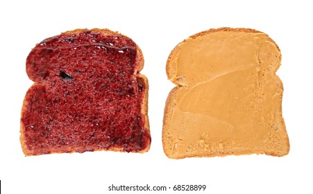 Peanut Butter And Jelly Sandwich On Bread Slices Isolated On White Background