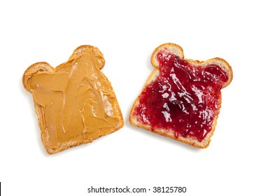 Peanut Butter And Jelly Sandwich Open Faced On A White Background