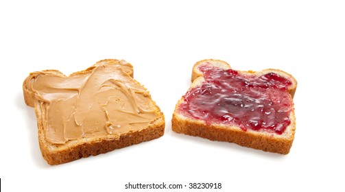 Peanut butter and jelly sandwich opened face.