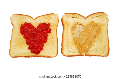 Peanut Butter And Jelly Spread In Heart Shapes On Toast