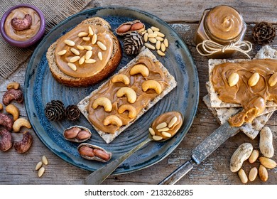 Peanut Butter On The Bread. Serving And Sharing Food With Table Top View. 