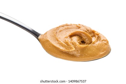 Peanut Butter In Spoon Isolated On White Background