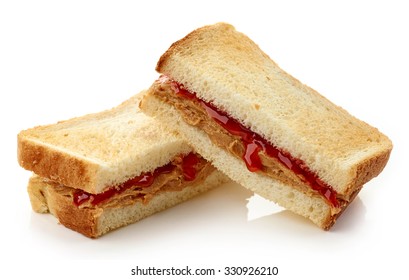 Peanut butter and strawberry jelly sandwich isolated on white background
