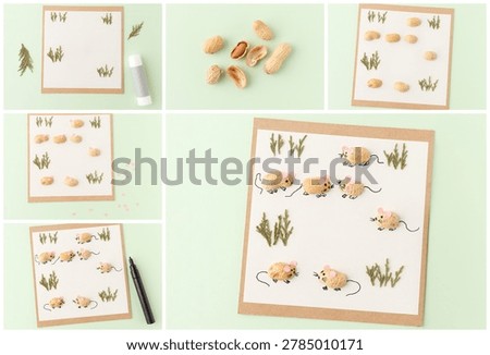 Peanut craft mice card tutorial steps handmade greeting postcard artwork template creative hobby blog post element education school website illustration kindergarten art supply material