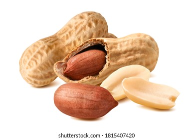 Peanut nuts with shells isolated on white background. Package design element with clipping path