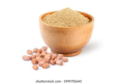 Peanut powder in wooden bowl isolted on white background.