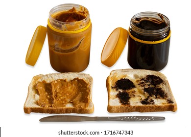 
Peanuts  butter, vegemite on toasted placing with knife healthy breakfast with isolated dropped shadow white background 