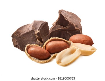 Peanuts And Chocolate Chunks Isolated On White Background. Package Design Element With Clipping Path