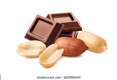 Peanuts And Chocolate Squares Isolated On White Background. Package Design Element With Clipping Path