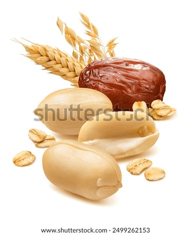 Peanuts, dates, rolled oats, wheat and oat ears isolated on white background. Package design element with clipping path