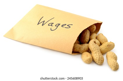 Erdnüsse, die aus einem mit einem Umschlag versehenen Lohn fallen, einzeln auf weißem Hintergrund