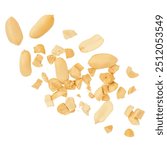 Peanuts levitating in air on white background. Isolated Falling crushed  peanuts. Peanut explosion
