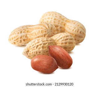 Peanuts in nutshell isolated on white background. Whole nuts and peeled kernels. Package design element with clipping path