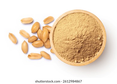 Peanuts powder in wooden bowl isolated on white background. Top view. 