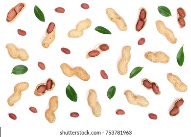 Peanuts with shells isolated on white background, top view. Flat lay pattern.