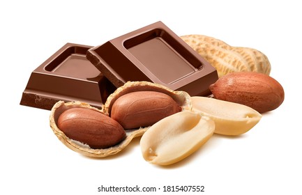 Peanuts In Shells And Milk Chocolate Isolated On White Background. With Clipping Path. Full Depth Of Field