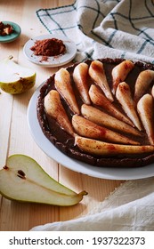 pear and chocolate homemade cake tart with slice