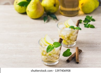 Pear Cinnamon Kombucha Cocktail. Selective Focus, Space For Text.