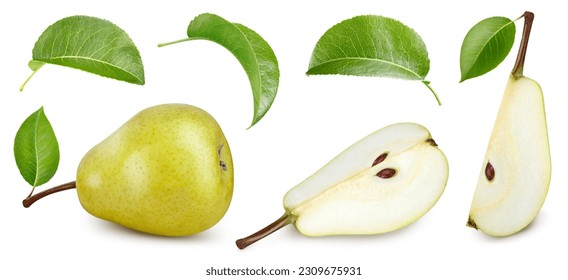 Pear Clipping Path. Ripe pear fruit with green leaf and slice isolated on white background with clipping path. Pear fruit set macro studio photo - Shutterstock ID 2309675931