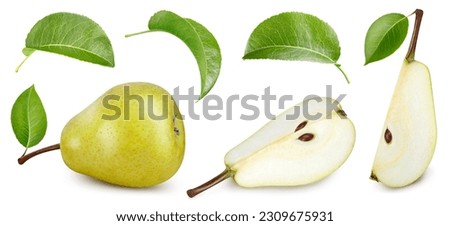 Pear Clipping Path. Ripe pear fruit with green leaf and slice isolated on white background with clipping path. Pear fruit set macro studio photo