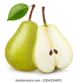 Pear Clipping Path. Ripe whole pear with green leaf and half isolated on white background. Pear macro studio photo - Shutterstock ID 2304256893