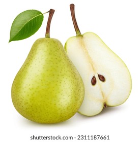 Pear Clipping Path. Ripe whole pear with green leaf and half isolated on white background. Pear macro studio photo - Shutterstock ID 2311187661